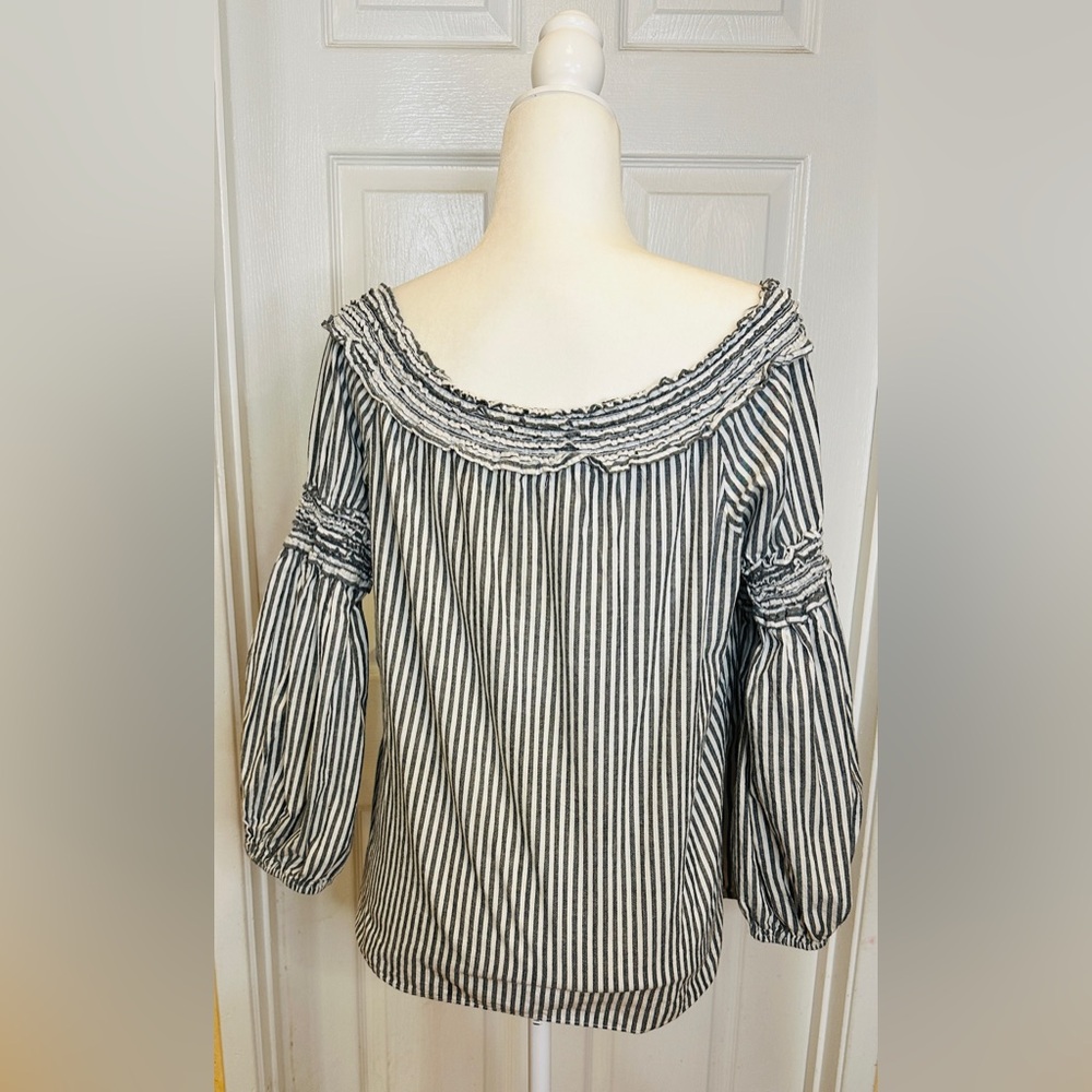Max Studio Black White Striped Puff Ruffle Long Sleeve Blouse Large - Picture 2 of 10